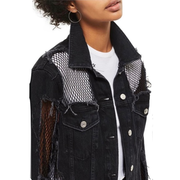 TopShop Black Fishnet Denim Jacket Size 4 - Picture 2 of 8